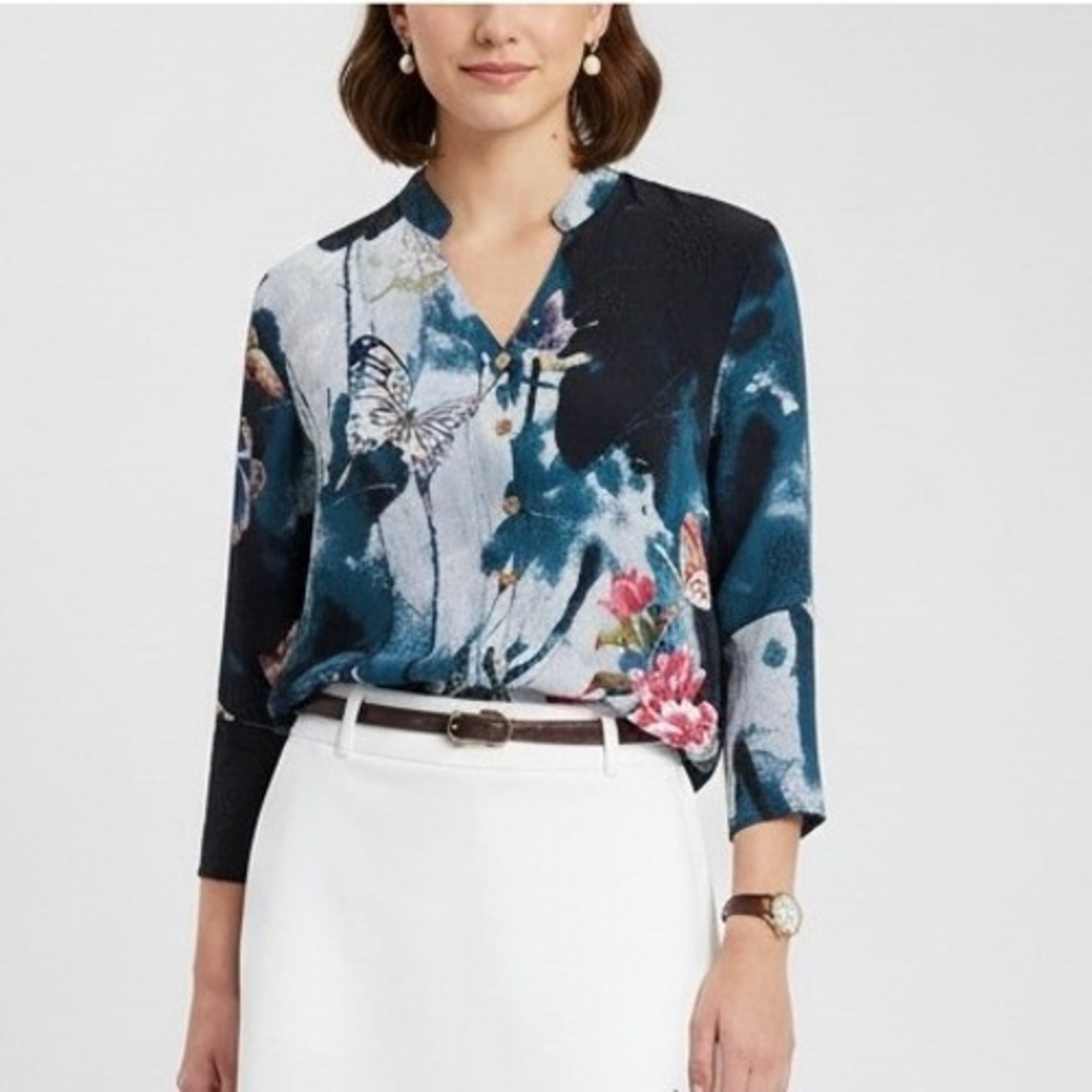 Citron Santa‎ Monica Silk Blouse PL Butterfly Floral Watercolor Asian Style Boho